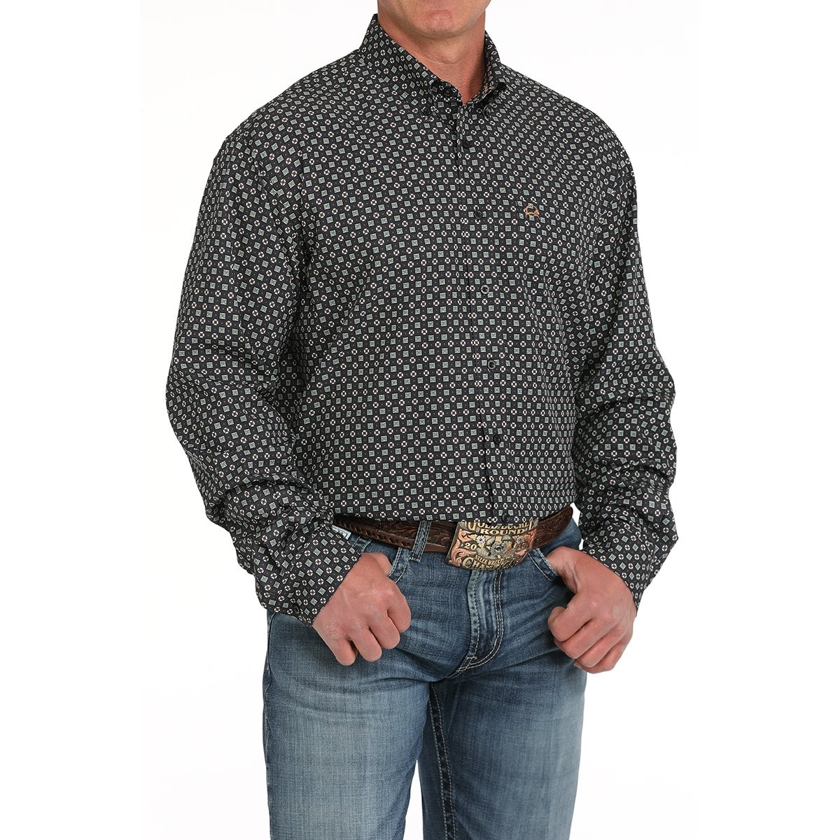 Cinch Men's Long Sleeve Arenaflex Print Shirt- Navy