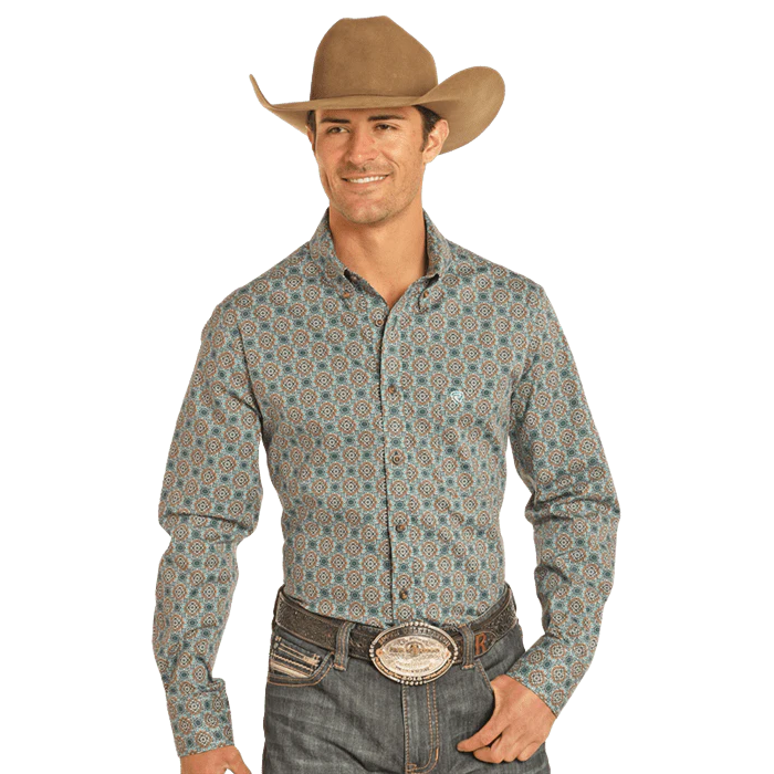 Rock & Roll Men's RR Woven Long Sleeve Western Shirt - Teal