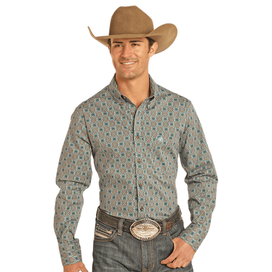 Rock & Roll Men's RR Woven Long Sleeve Western Shirt - Teal