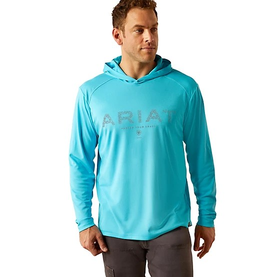 Ariat Men's Rebar Long Sleeve Sunblocker Hooded Tee Shirt- Blue Atoll