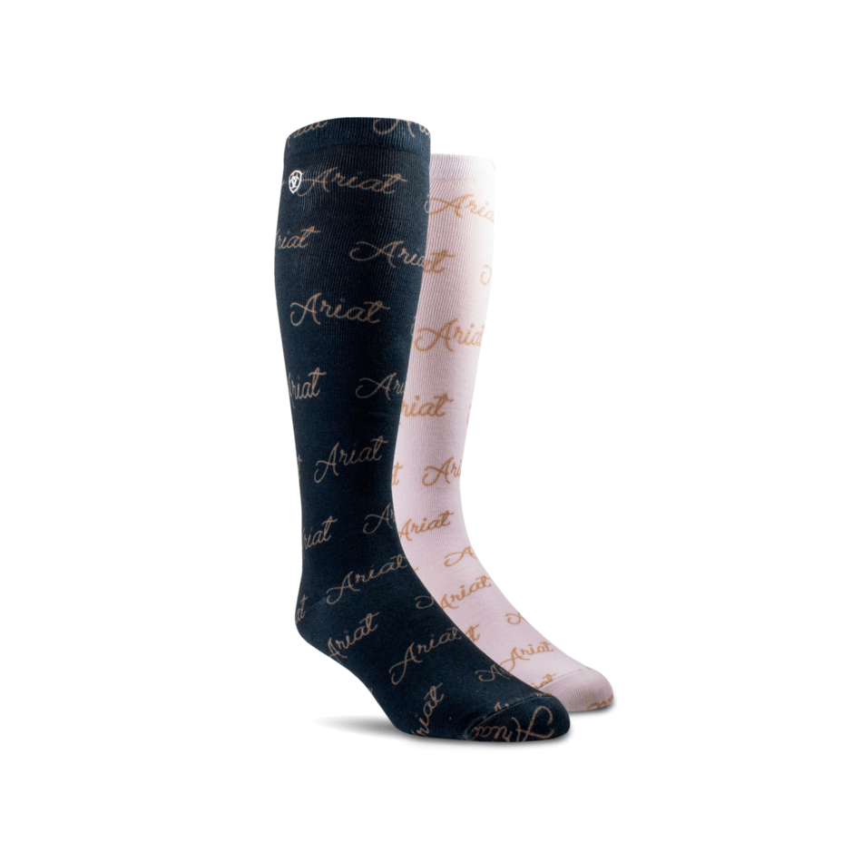 Ariat Script Knee High Socks - Navy/Pale Pink
