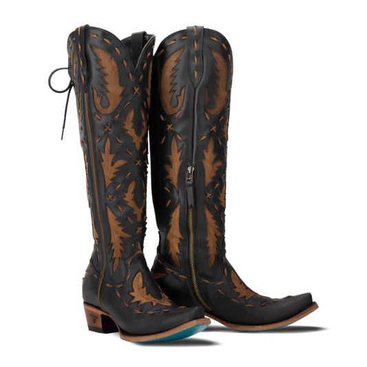 Lane Boots Women's Reverie Knee High Corset Boots- Jet Black/Caramel