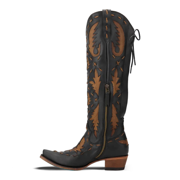 Lane Boots Women's Reverie Knee High Corset Boots- Jet Black/Caramel
