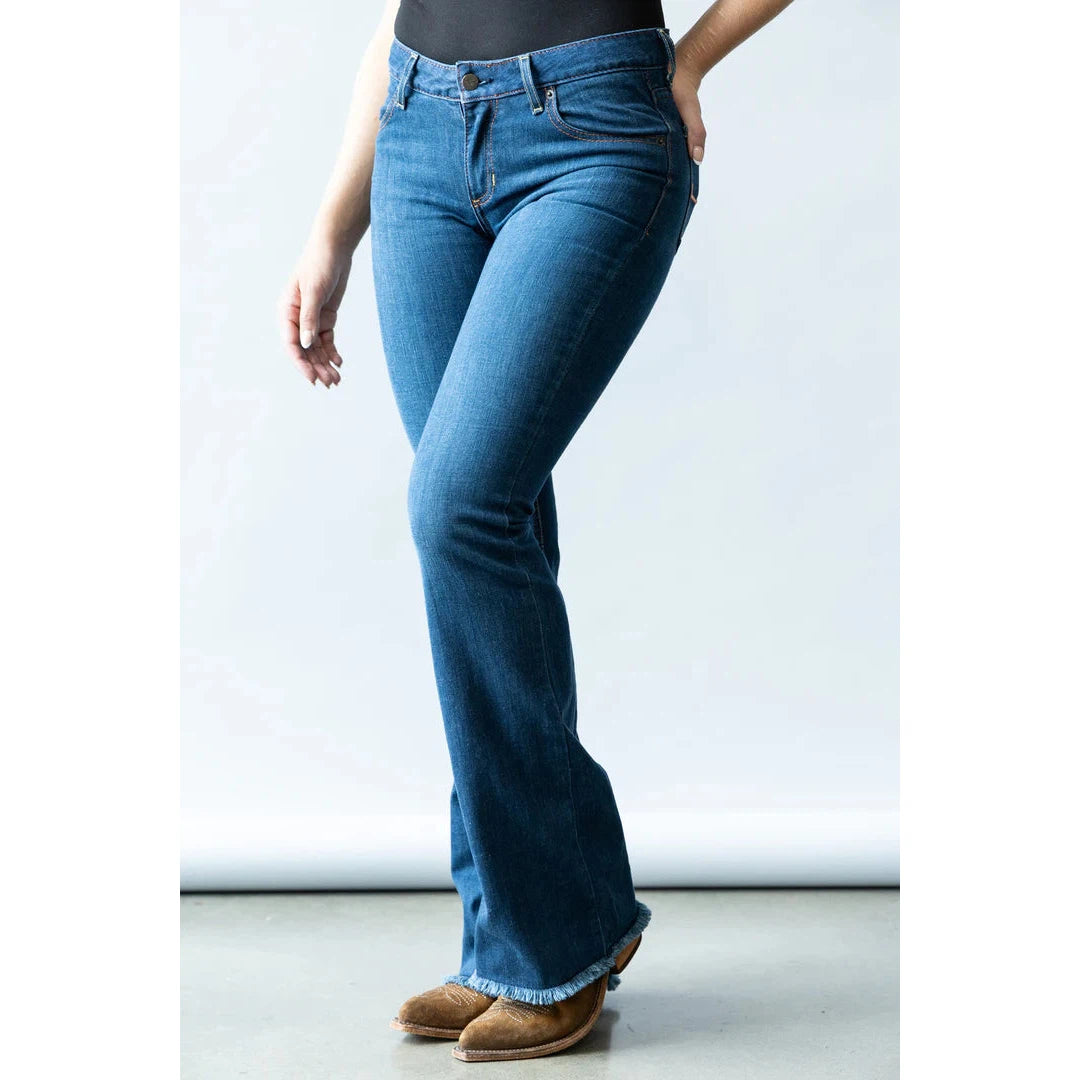 Kimes Women's Lola Raw Hem Mid Rise Trouser Jeans - Blue