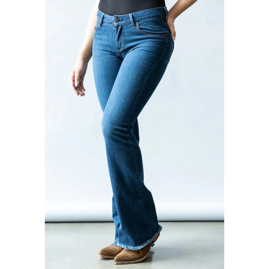 Kimes Women's Lola Raw Hem Mid Rise Trouser Jeans - Blue