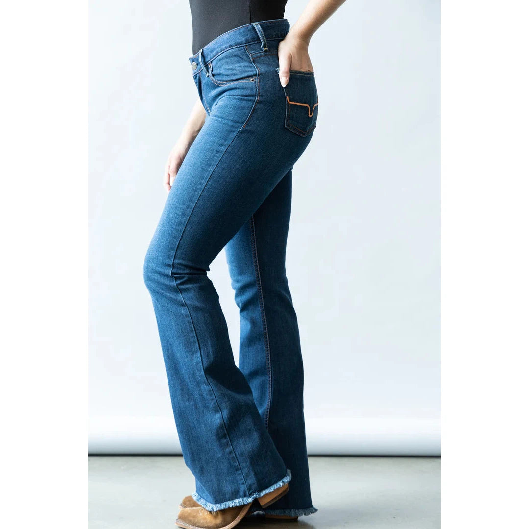 Kimes Women's Lola Raw Hem Mid Rise Trouser Jeans - Blue