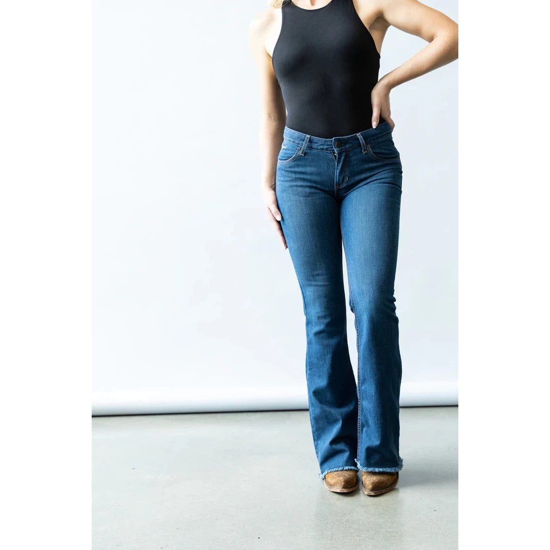 Kimes Women's Lola Raw Hem Mid Rise Trouser Jeans - Blue