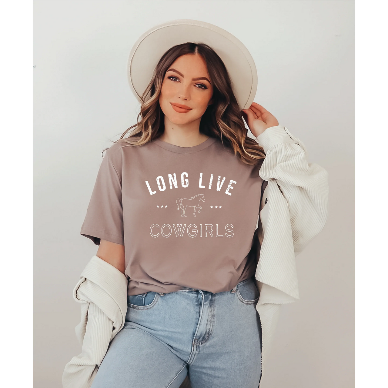 Blonde Ambition Women's Short Sleeve Long Live Cowgirls Tee Shirt-Heather Mauve