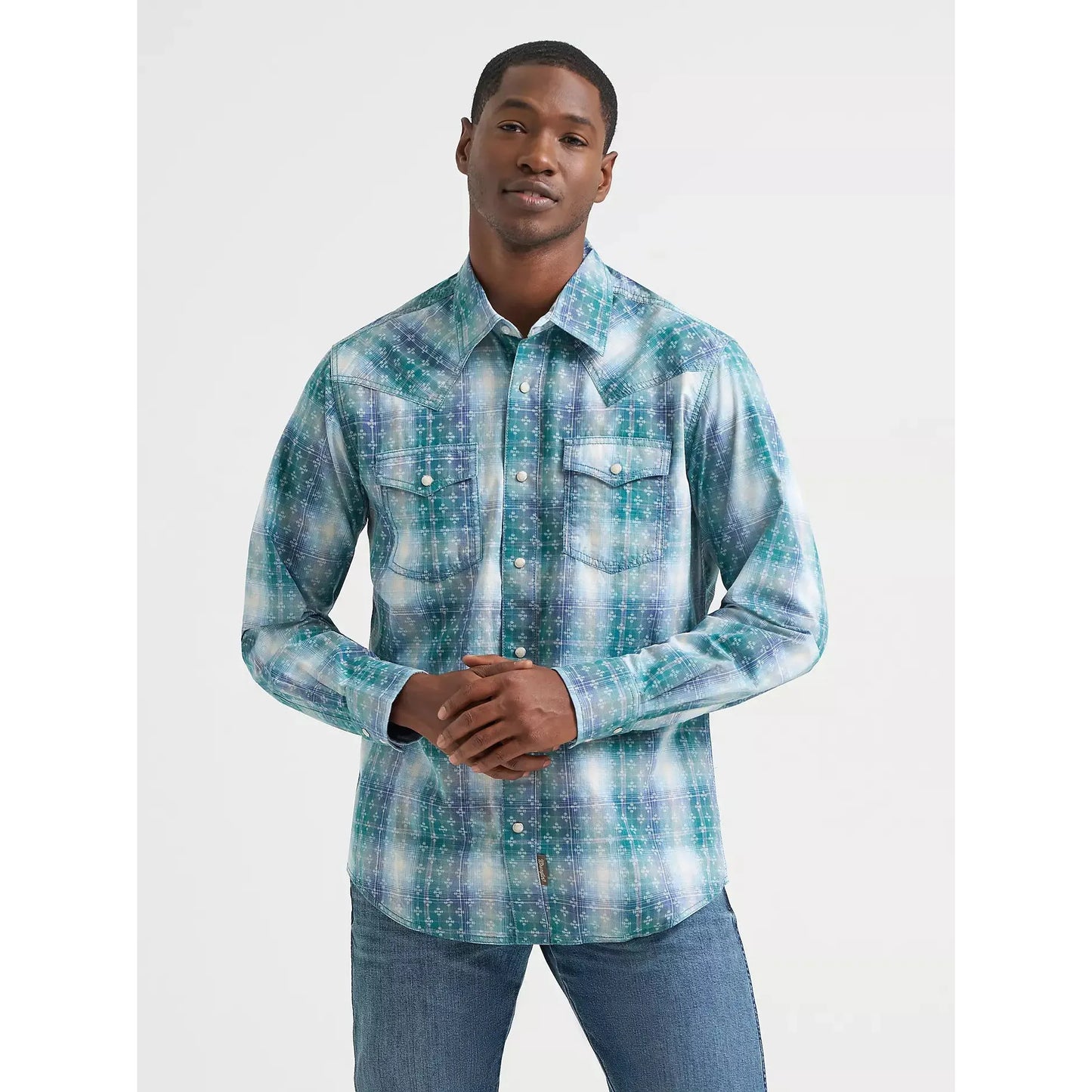 Wrangler Men's Retro Premium Long Sleeve Snap Shirt - Pebble Blue