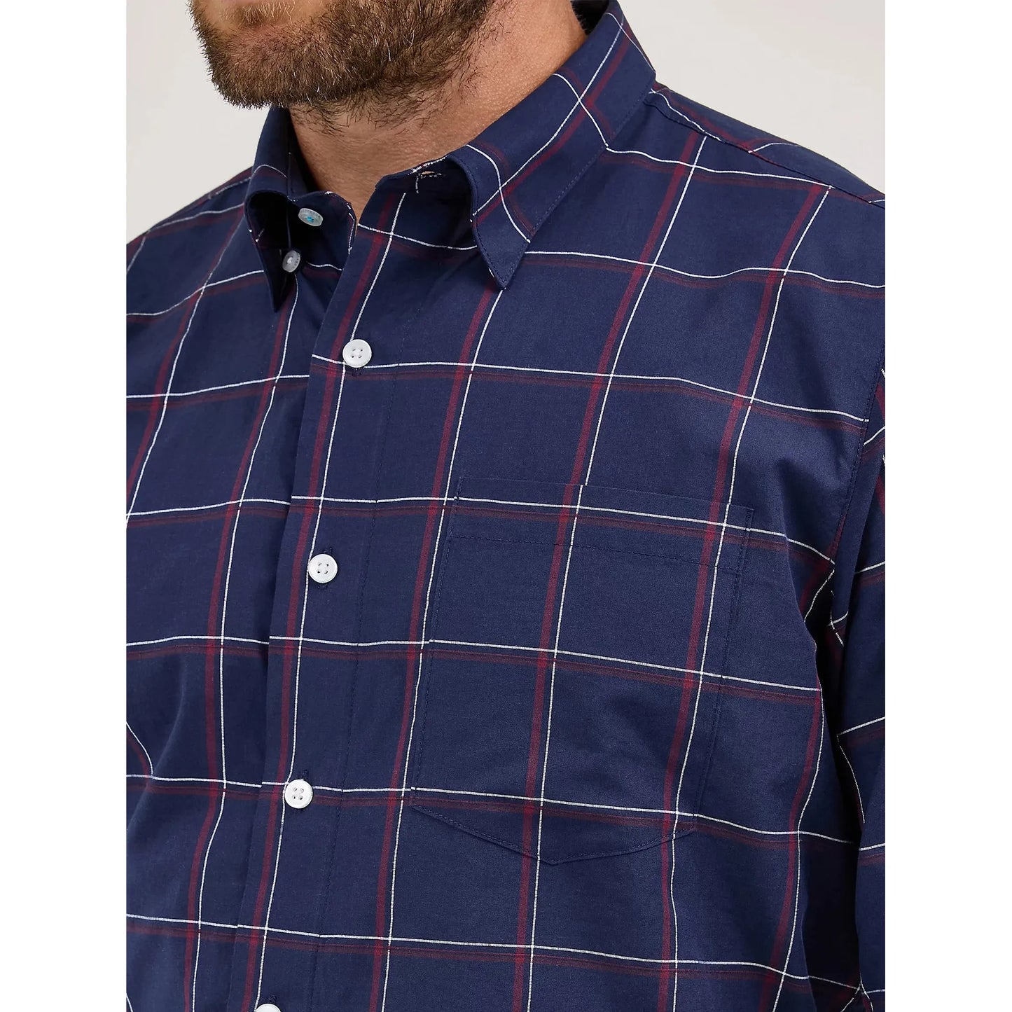 Wrangler Men's Cody Johnson One Pocket Button Down Long Sleeve Shirt - Navy Plaid