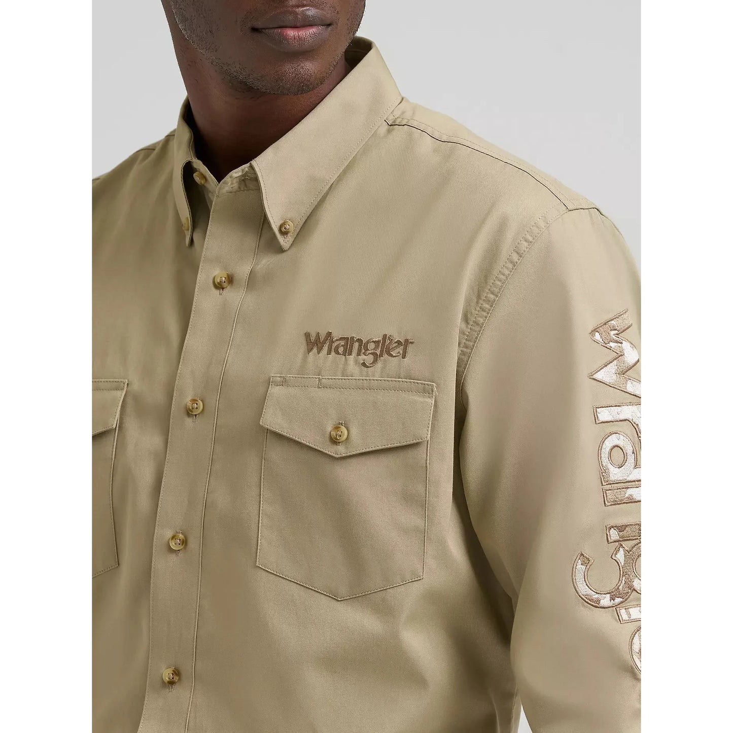 Wrangler Men's Logo Long Sleeve Button Down Solid Shirt - Khaki - Irvine Tack & Western Wear
