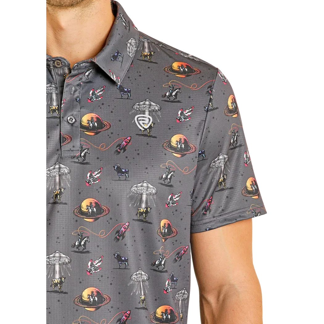 Rock & Roll Men's Space Cowboy Printed Polo Short Sleeve Shirt - Charcoal