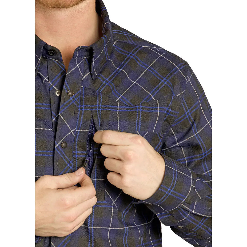 Rock & Roll Men's Tek Western Brushed Plaid Flannel Long Sleeve Shirt - Navy - Irvine Tack & Western Wear