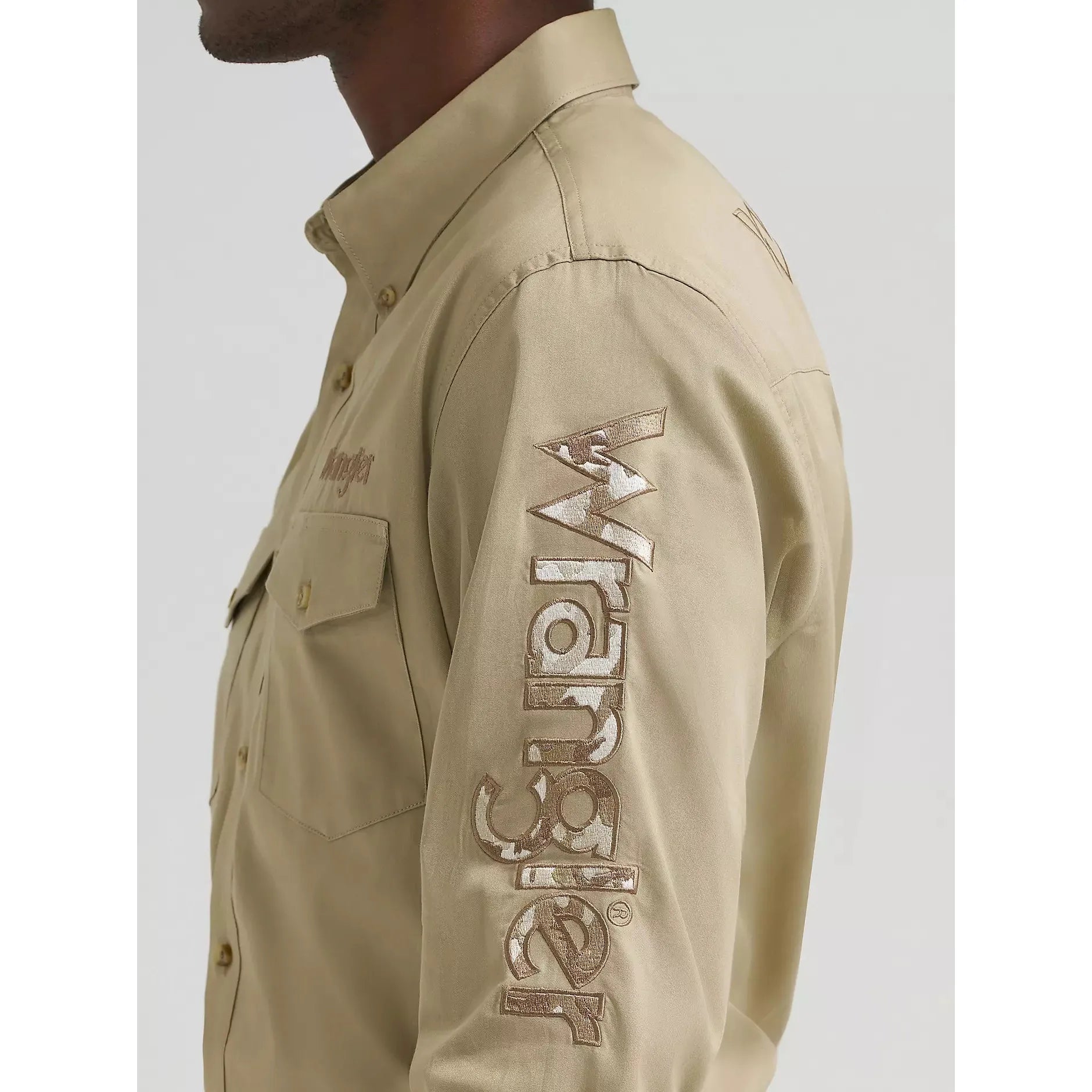 Wrangler Men's Logo Long Sleeve Button Down Solid Shirt - Khaki - Irvine Tack & Western Wear