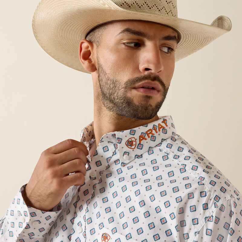 Ariat Men's Casual Team Jericho Medallion Long Sleeve Shirt - White/Orange - Irvine Tack & Western Wear