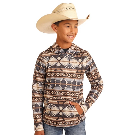 Rock & Roll Boy's Performance Printed Hoodie- Brown