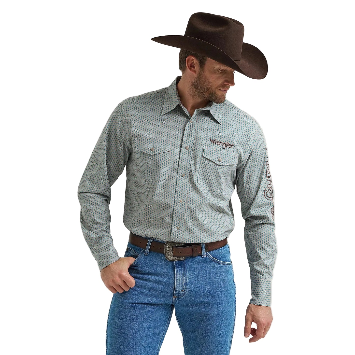 Wrangler Men's Logo Long Sleeve Western Snap Shirt - Peacock