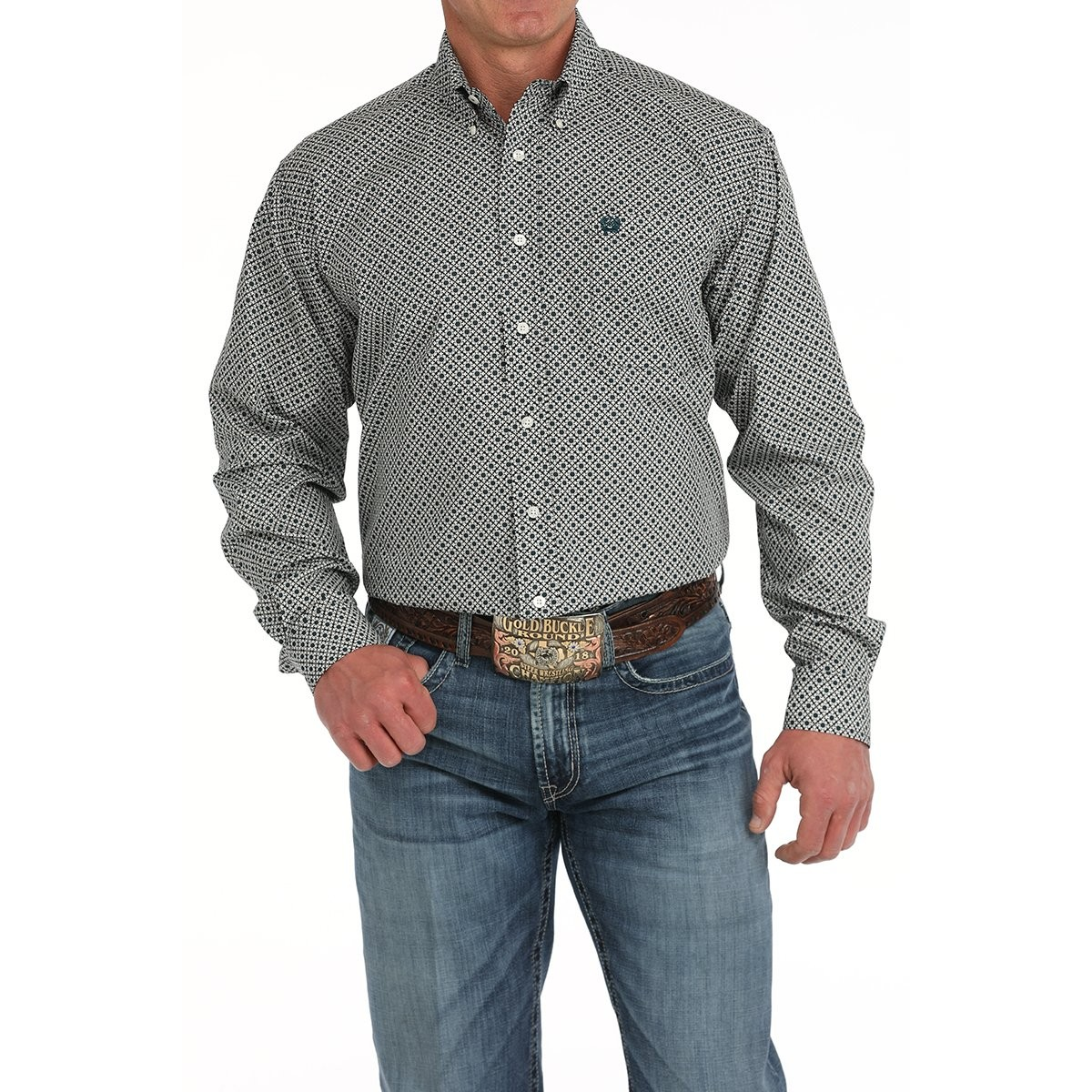 Cinch Men's Long Sleeve Geometric Print Button Down Western Shirt- Cream