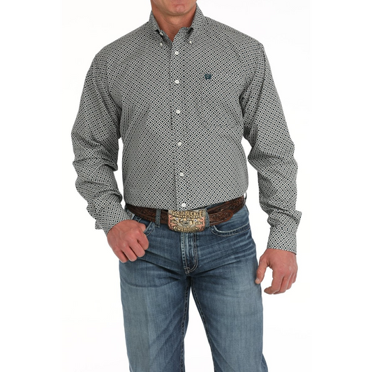 Cinch Men's Long Sleeve Geometric Print Button Down Western Shirt- Cream