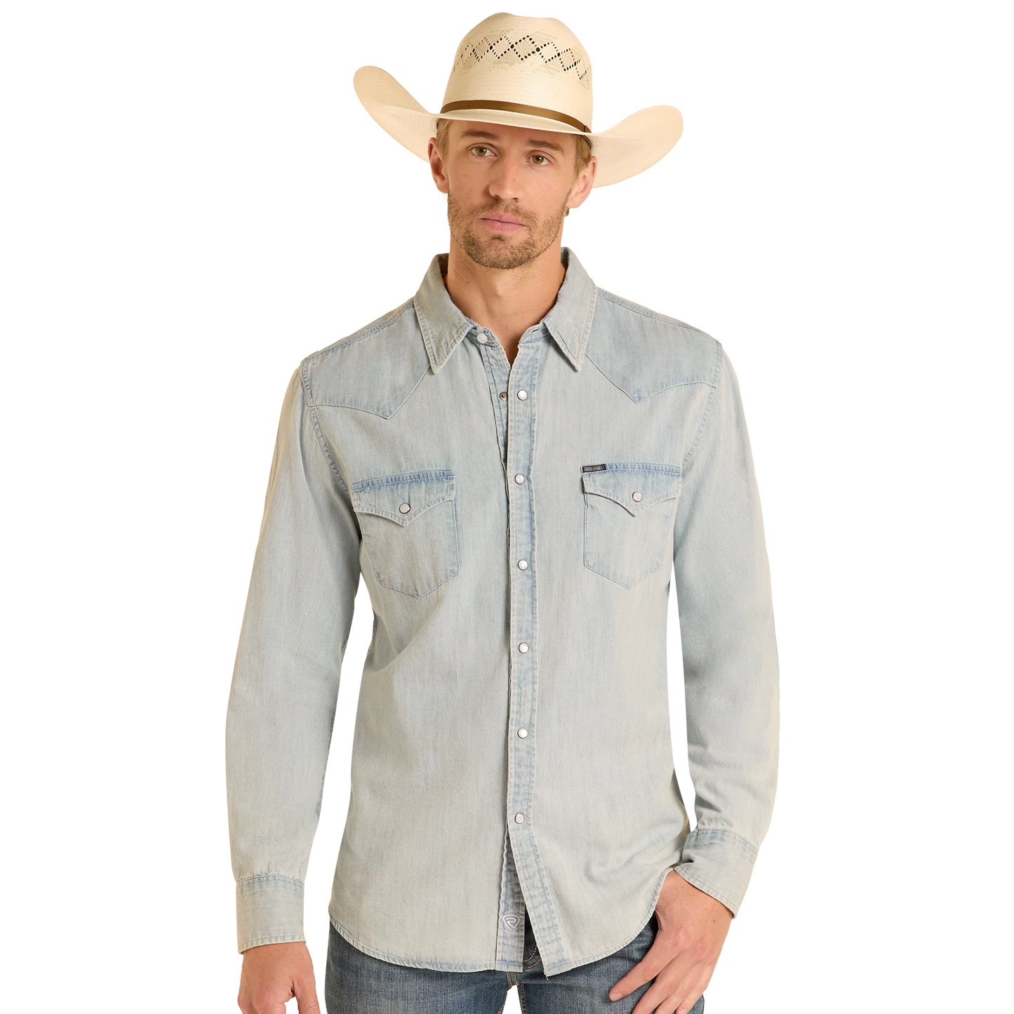 Rock & Roll Men's  Long Sleeve Light Denim Solid Snap Shirt- Denim