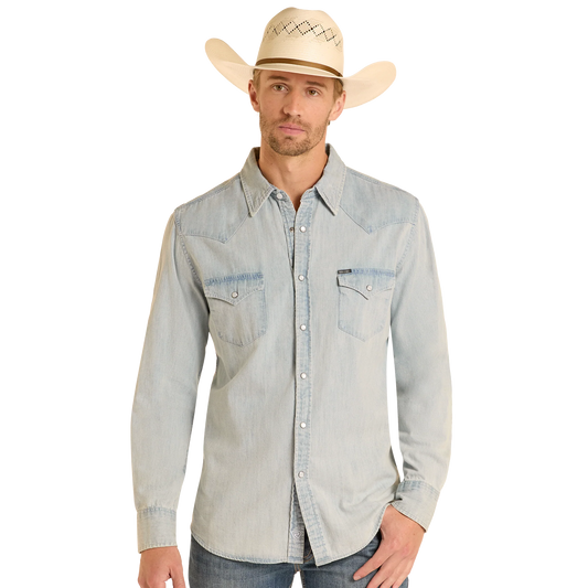 Rock & Roll Men's  Long Sleeve Light Denim Solid Snap Shirt- Denim