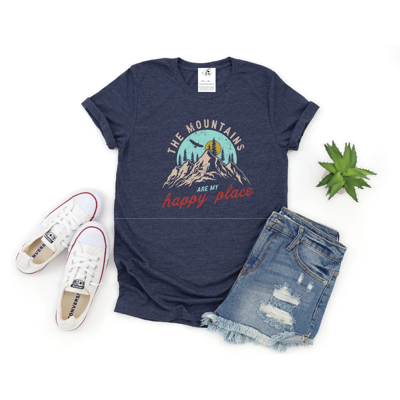 Blonde Ambition Women's Short Sleeve The Mountains are My Happy Place- Heather Navy