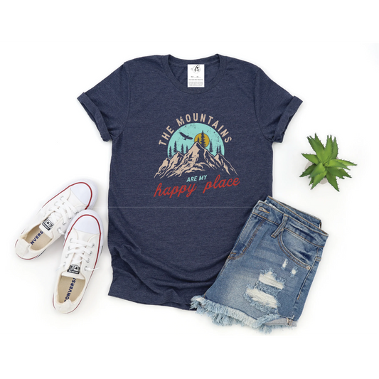 Blonde Ambition Women's Short Sleeve The Mountains are My Happy Place- Heather Navy
