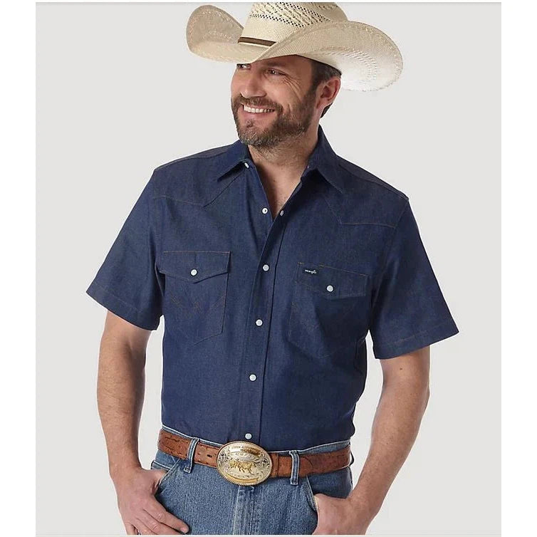 Wrangler Men's Cowboy Cut Firm Finish Denim Short Sleeve Western Work Shirt - Rigid Indigo