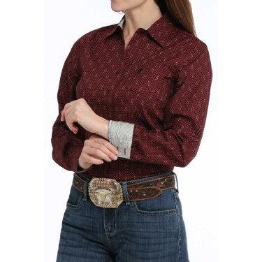 Cinch  Women's Geometric Print Long Sleeve Print Shirt - Burgundy