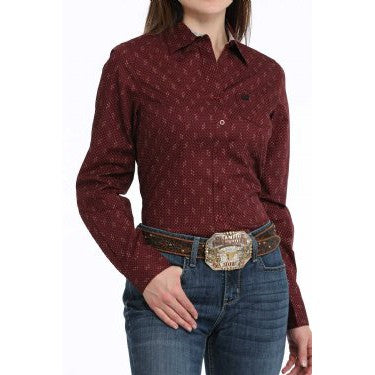 Cinch  Women's Geometric Print Long Sleeve Print Shirt - Burgundy