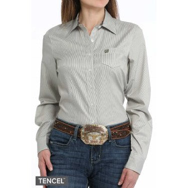 Cinch  Women's Stripe Button Down Long Sleeve Print Shirt - Olive