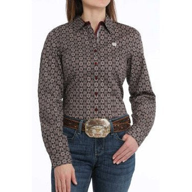 Cinch  Women's Medallion Print Button Down Long Sleeve Shirt  -  Black