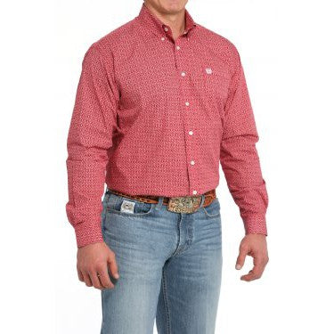 Cinch Men's Long Sleeve Geometric Print Shirt - Red