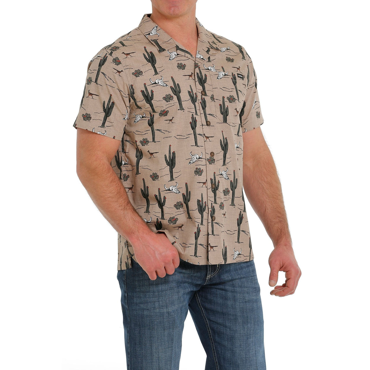 Cinch Mens Cactus Print Short Sleeve Camp Shirt - Khaki