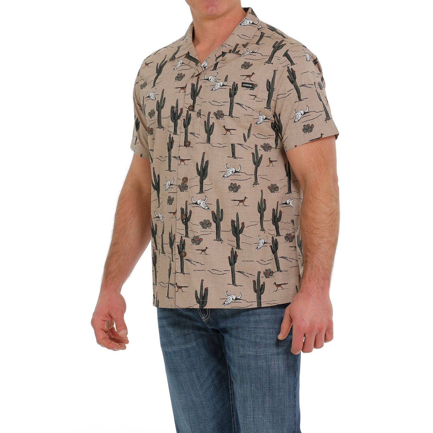 Cinch Men's Cactus Print Short Sleeve Camp Shirt - Khaki