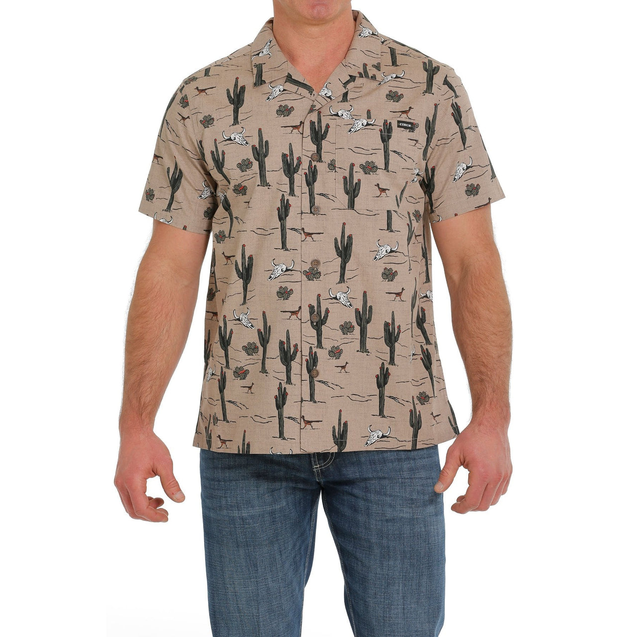 Cinch Mens Cactus Print Short Sleeve Camp Shirt - Khaki