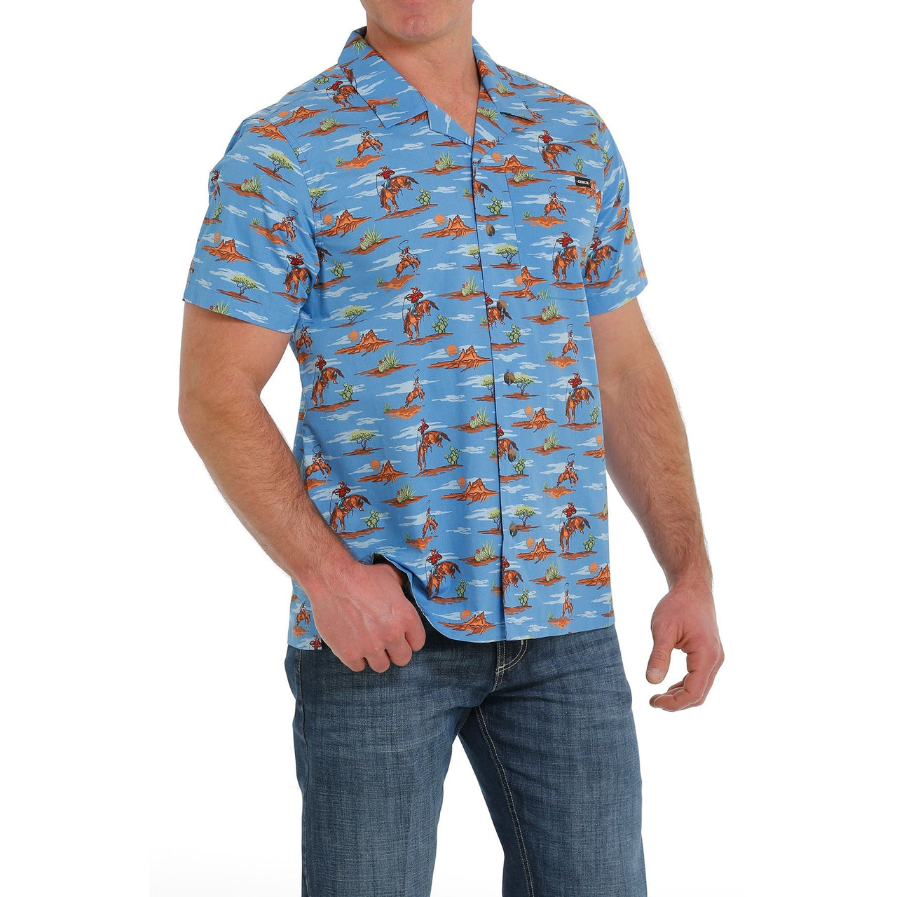 Cinch Mens Cowboy Print Short Sleeve Camp Shirt - Blue