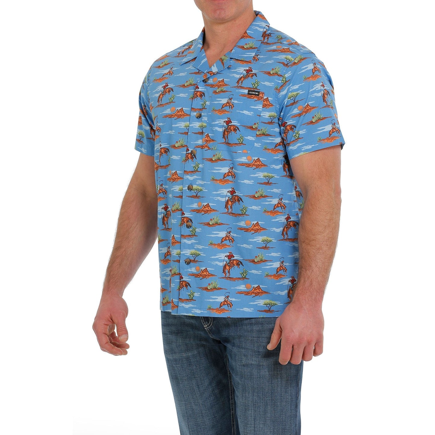 Cinch Men's Cowboy Print Short Sleeve Camp Shirt - Blue
