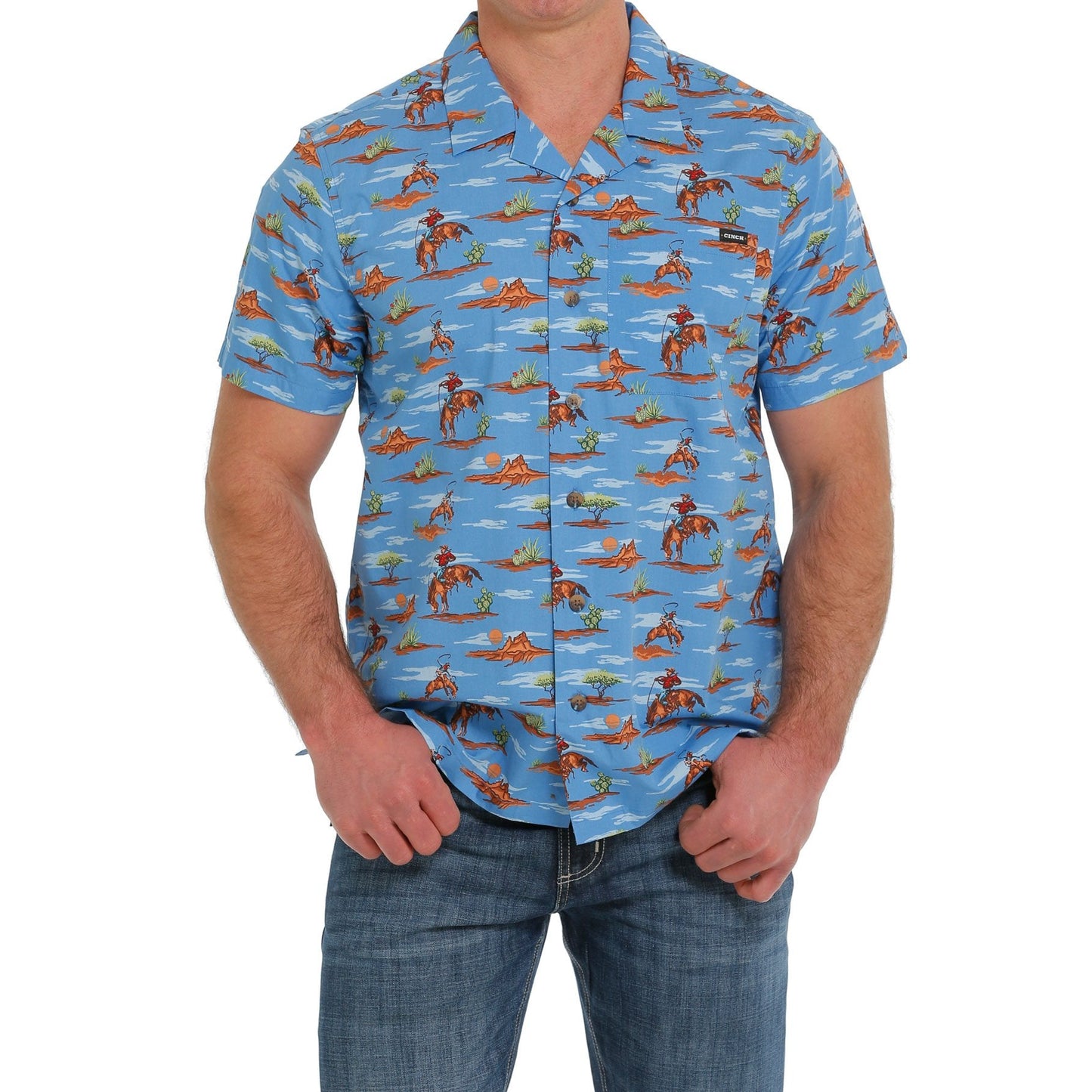 Cinch Men's Cowboy Print Short Sleeve Camp Shirt - Blue