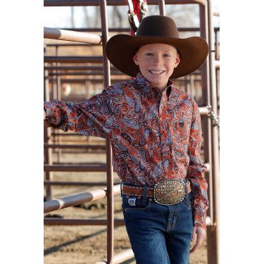 Cinch Boy's Paisley Print Long Sleeve Button Down Western Shirt - Orange