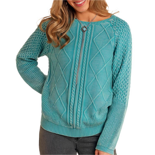 Rock & Roll Women's Long Sleeve Textured Knit Sweater- Turquoise