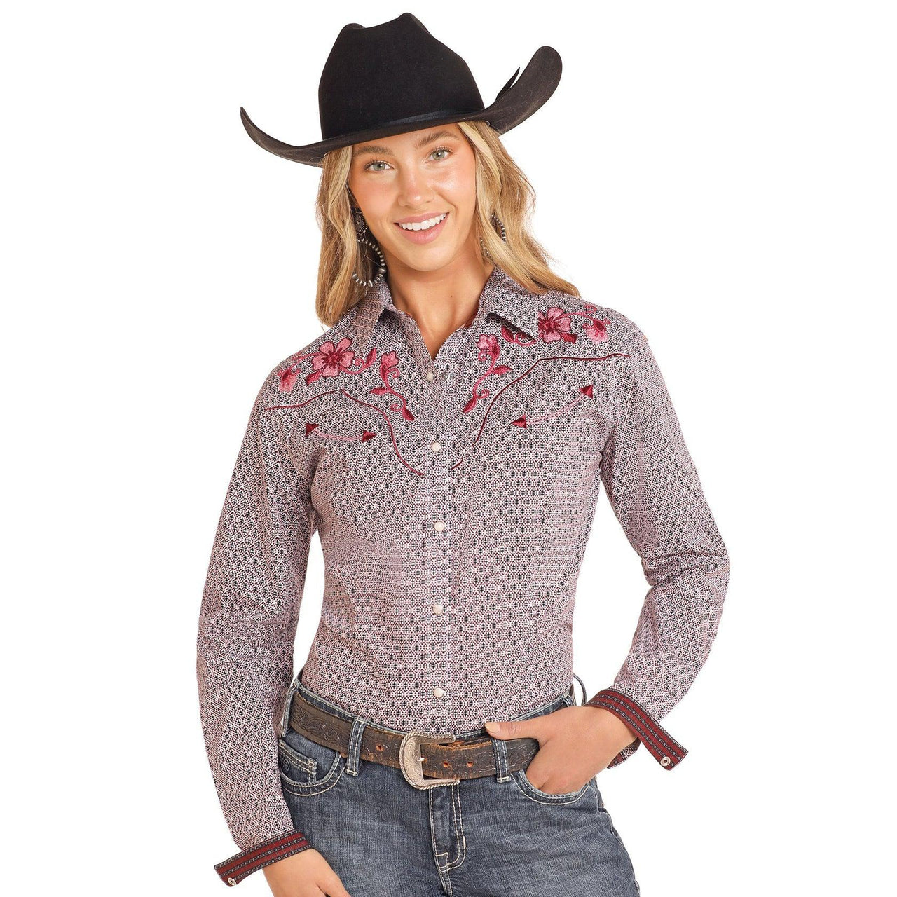 Panhandle Roughstock Women's Paisley Print Shirt -Maroon & White