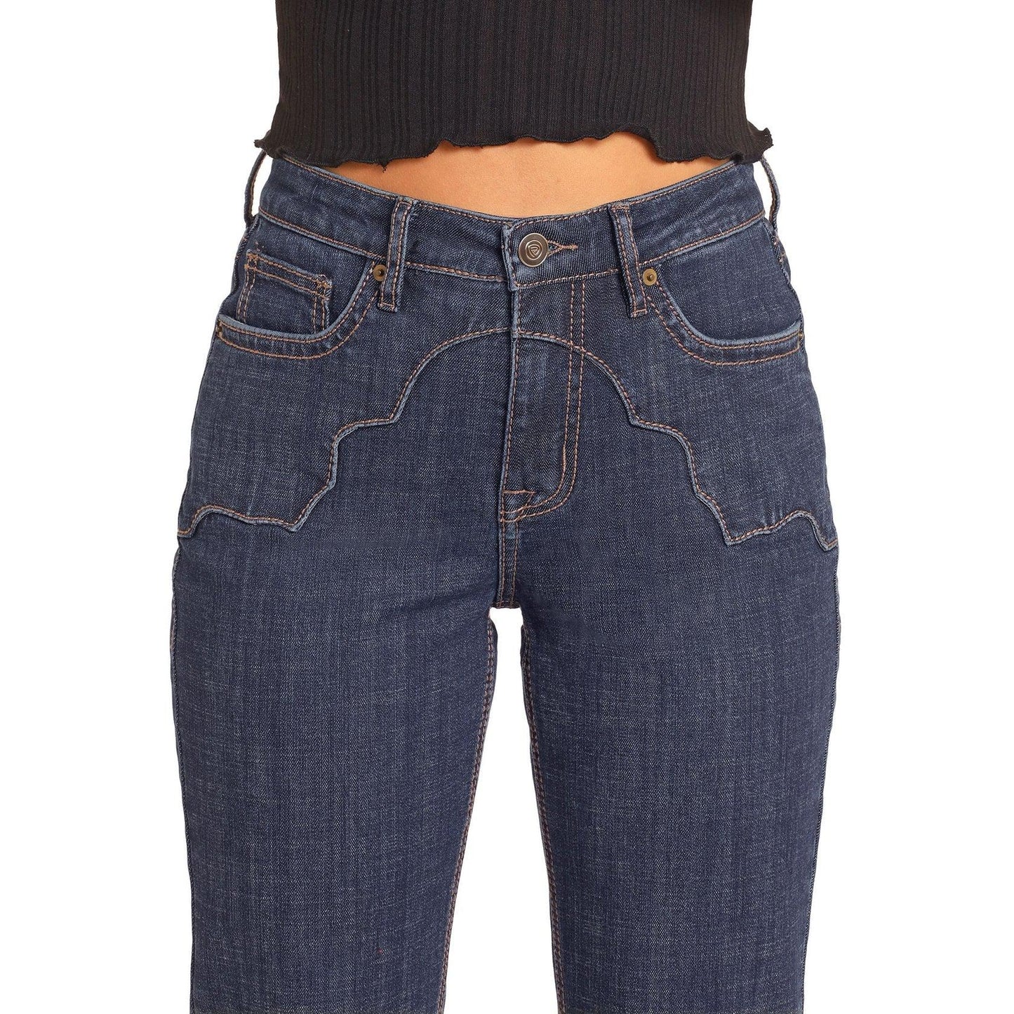 Rock & Roll Women's High Rise Western Yoke Bootcut Stretch Jeans - Dark Wash