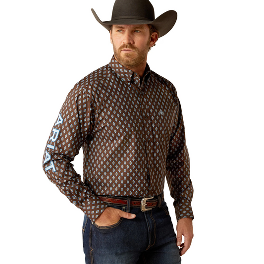 Ariat Men's Team Oak Logo Long Sleeve Shirt- Brown/Light Blue