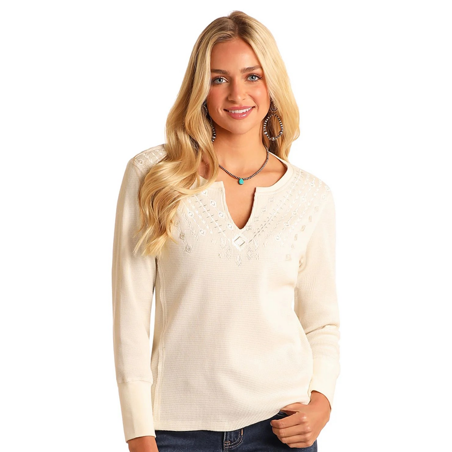 Panhandle Women's Embroidered Raw Edge Shirt-Natural