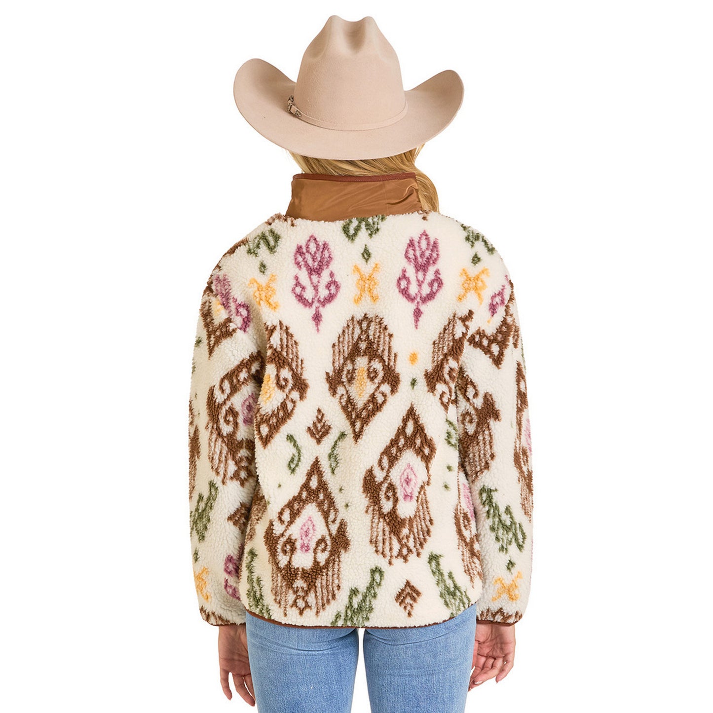 Rock & Roll Women's Denim Sherpa Print Jacket - Tan