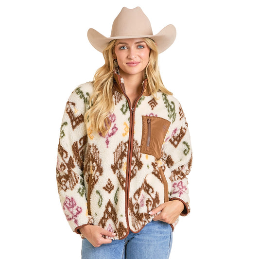 Rock & Roll Women's Denim Sherpa Print Jacket - Tan
