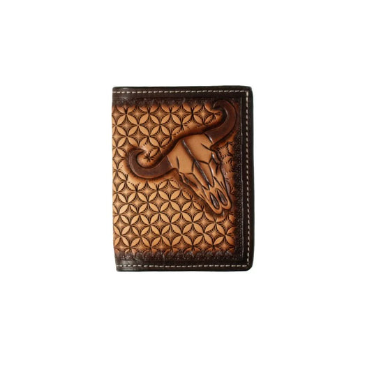 3D Men's Trifold Hand Tooled Stained Edge Cow Skull Wallet- Brown - Irvine Tack & Western Wear