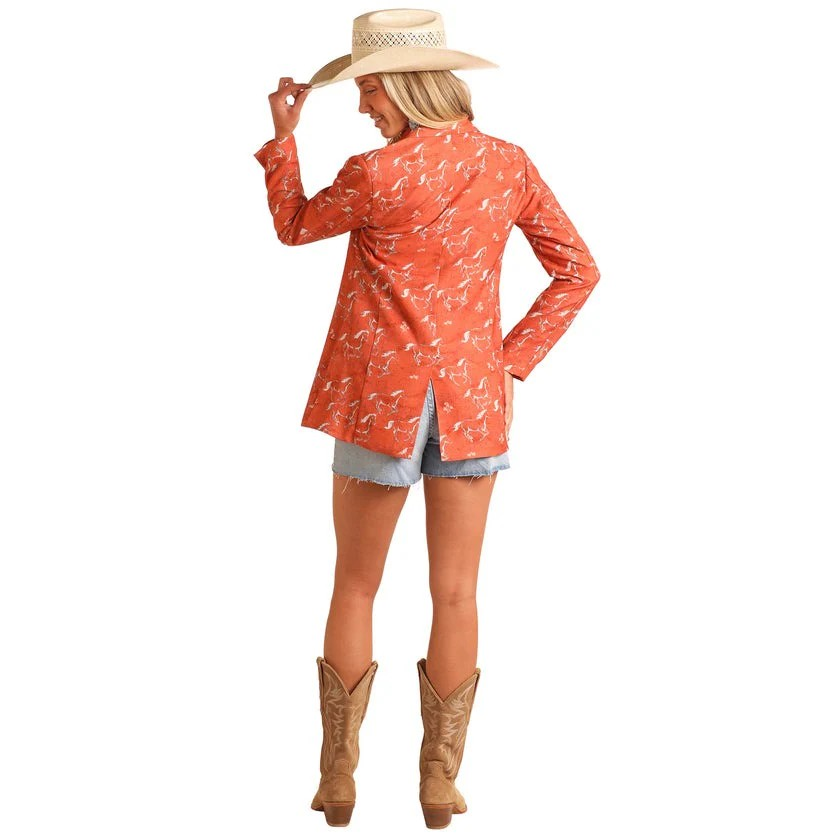 Rock & Roll Women's Long Sleeve Horse Print Blazer- Burnt Orange
