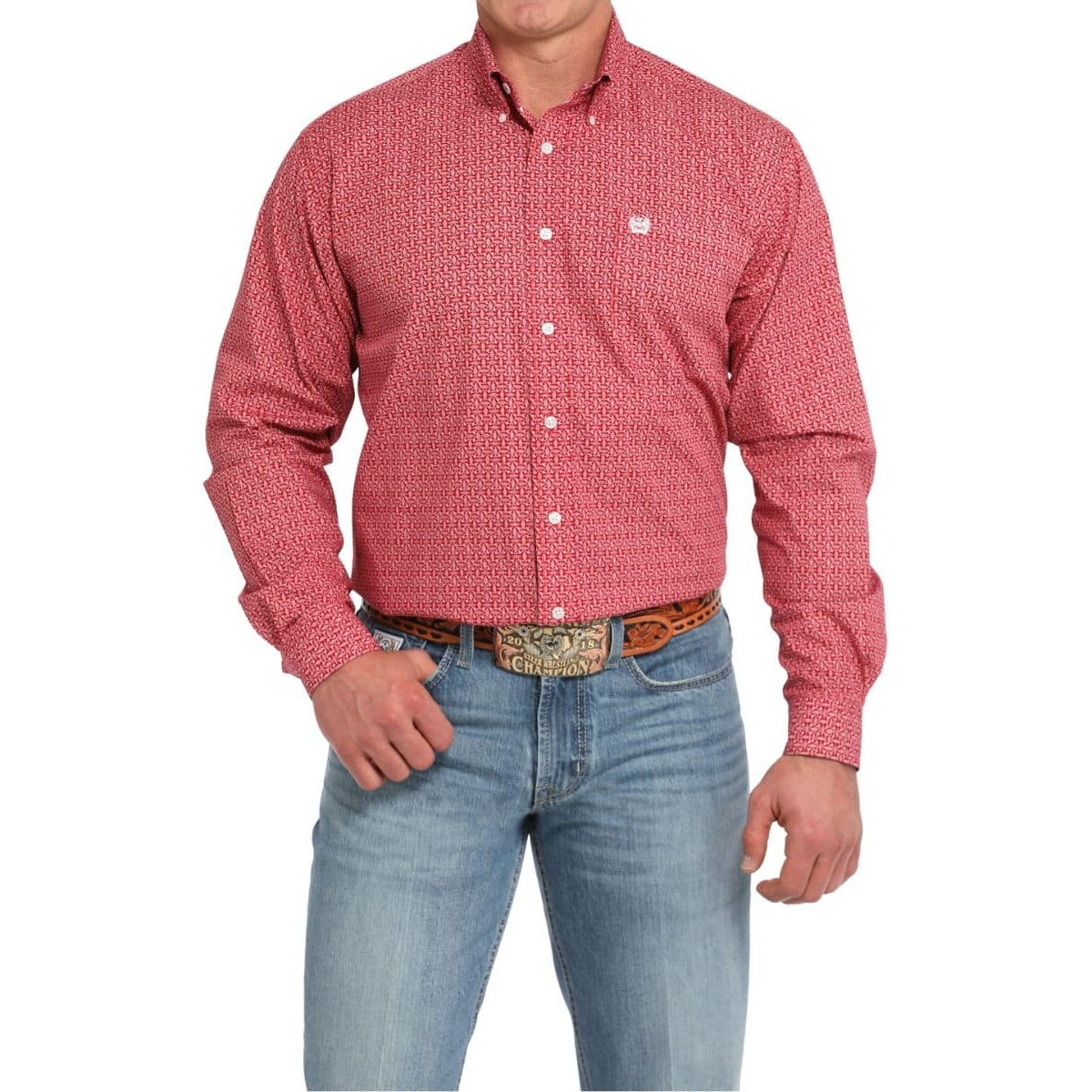 Cinch Men's Long Sleeve Geometric Print Shirt - Red